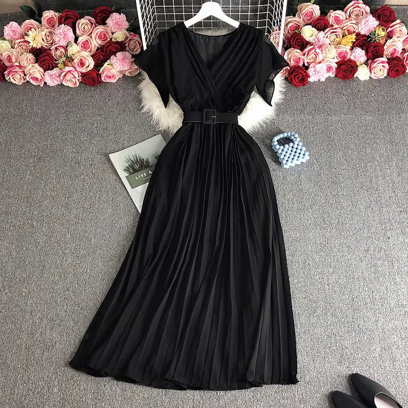 Solid Color V-neck French Dress for Elegant Style