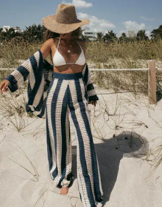 Vivi V-Neck Hollow Stripe Shirt & Wide-Leg Pants Set