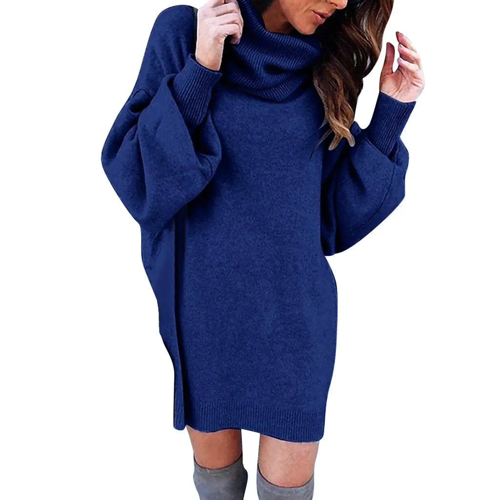 Autumn Warm Knitted Sweater Dress with Turtleneck