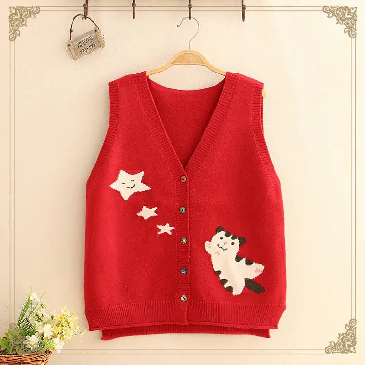 Autumn Loose Simple Knitted Sweater with Cat Embroidery