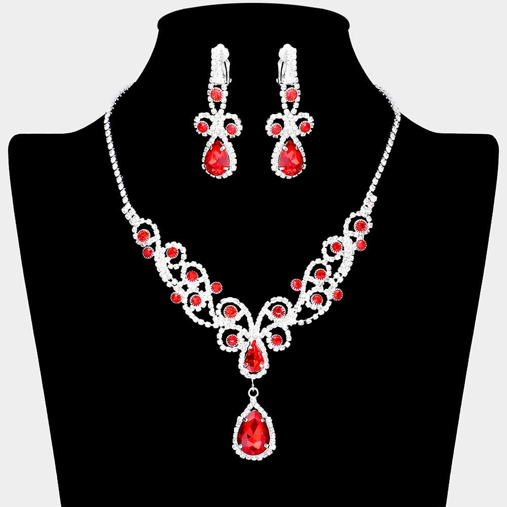 Teardrop Crystal Rhinestone Vine Drop Collar Necklace Clip on Earring Set