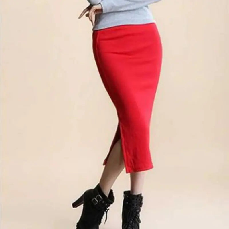 Mid-Waist Ribbed Knit Sheath Split Skirt