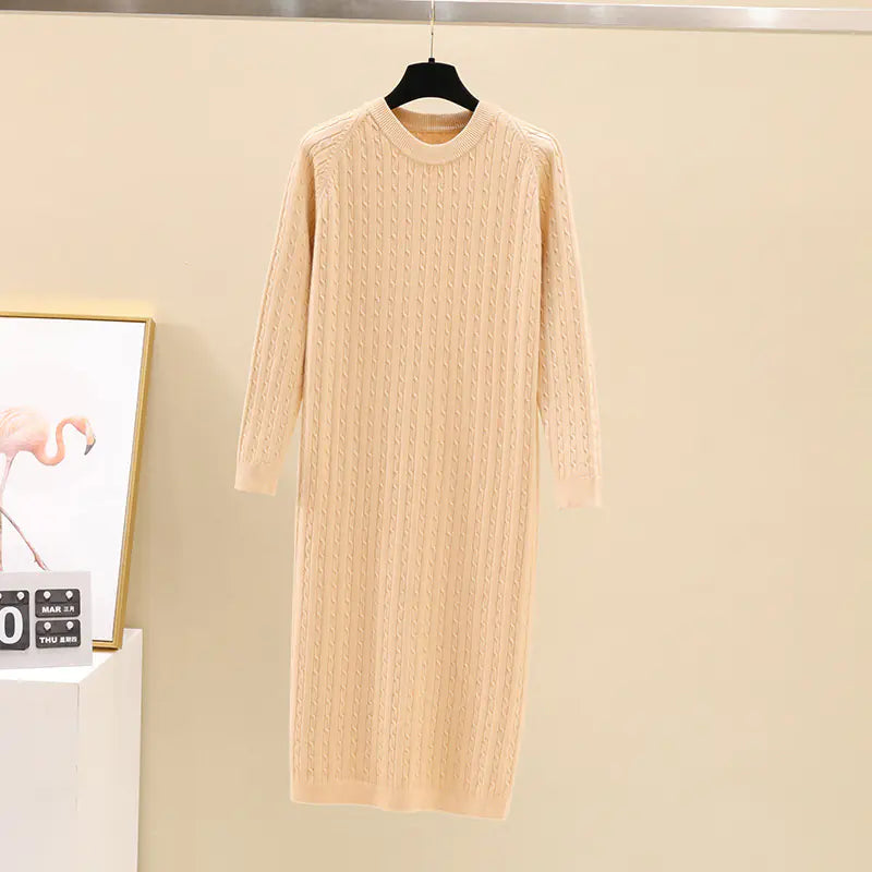 Round Neck Cable Knit Midi Dress - Loose Straight Style