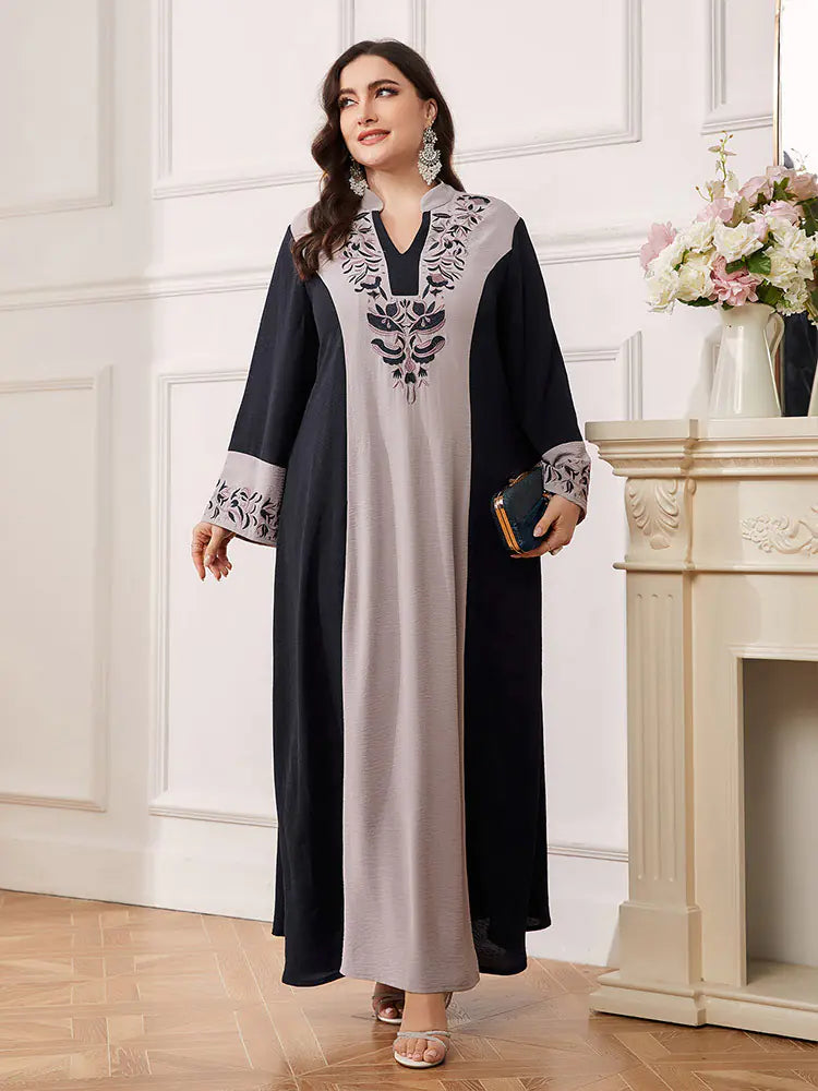 Plus Size Color Block Women's Robe Dress with Embroidery