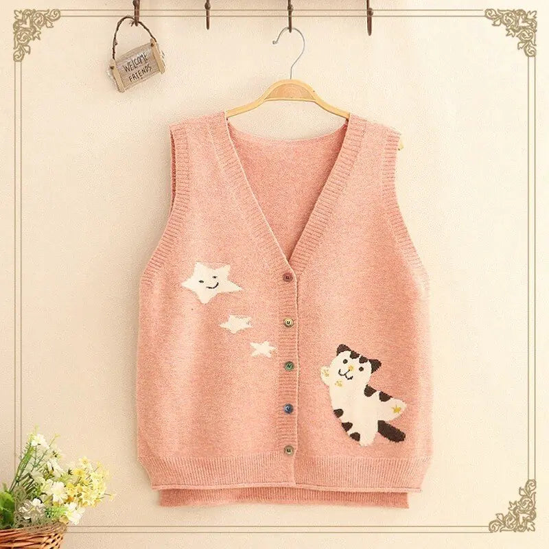 Autumn Loose Simple Knitted Sweater with Cat Embroidery