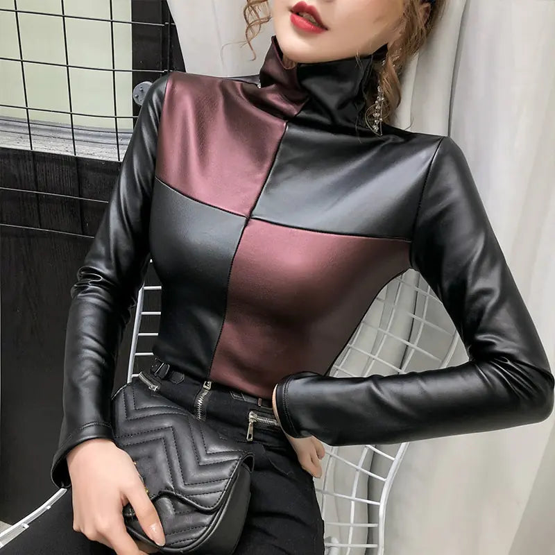 Autumn Winter Color Block Turtleneck Long Sleeve Top