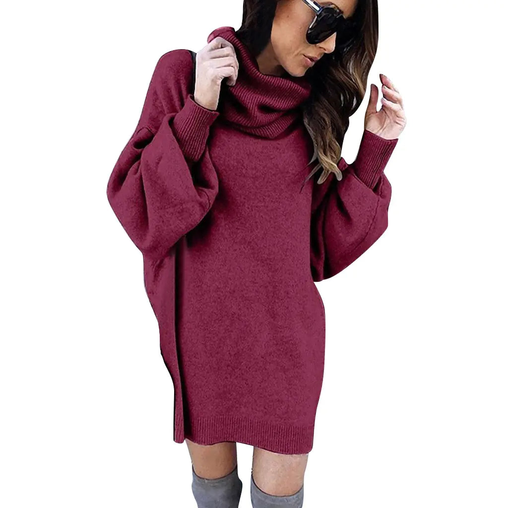 Autumn Warm Knitted Sweater Dress with Turtleneck
