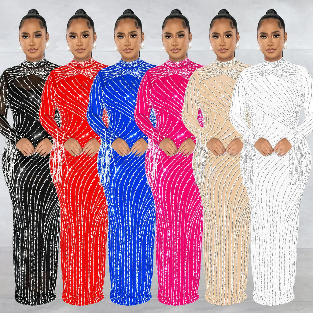 Women's Rhinestone Long Sleeve Mesh Dress Set