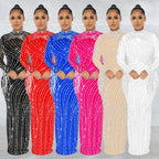 Women's Rhinestone Long Sleeve Mesh Dress Set