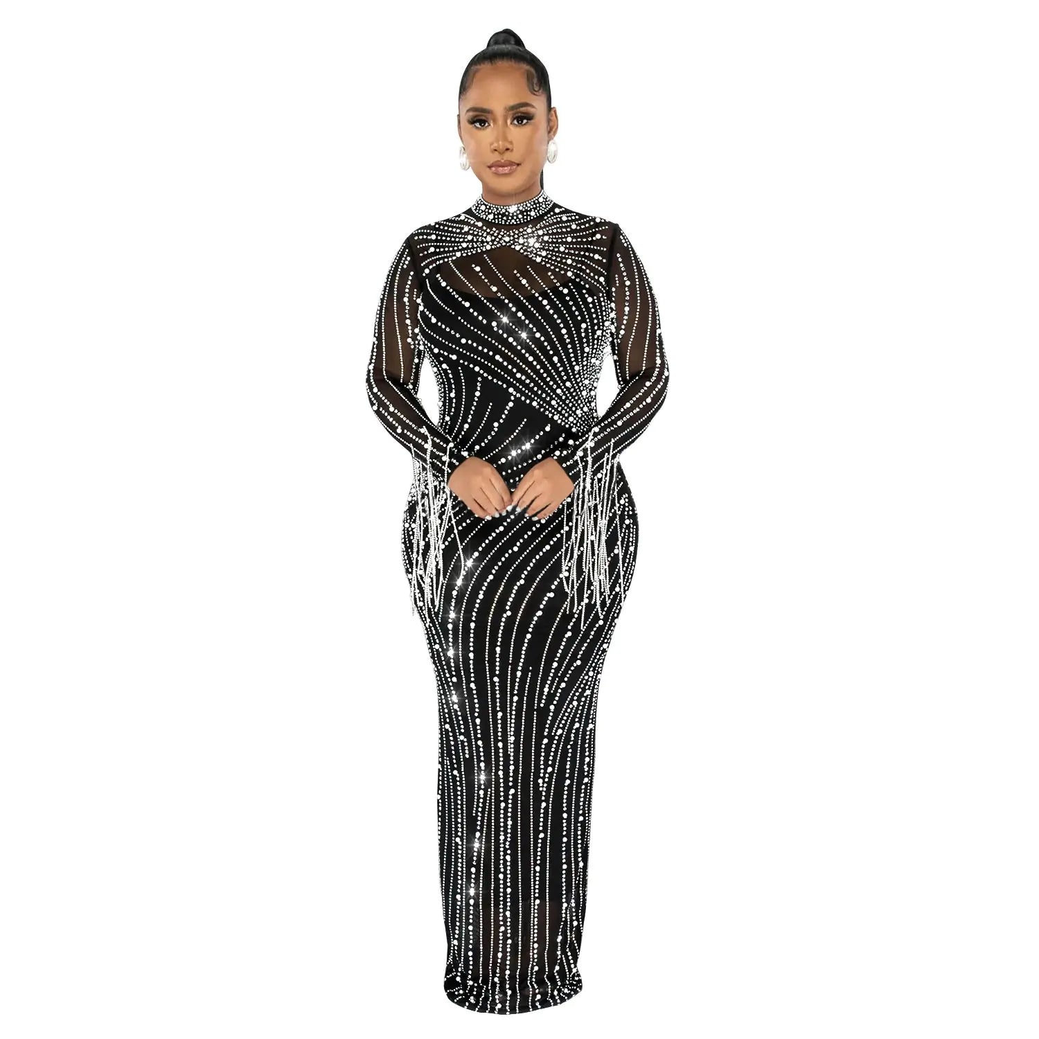 Women's Rhinestone Long Sleeve Mesh Dress Set