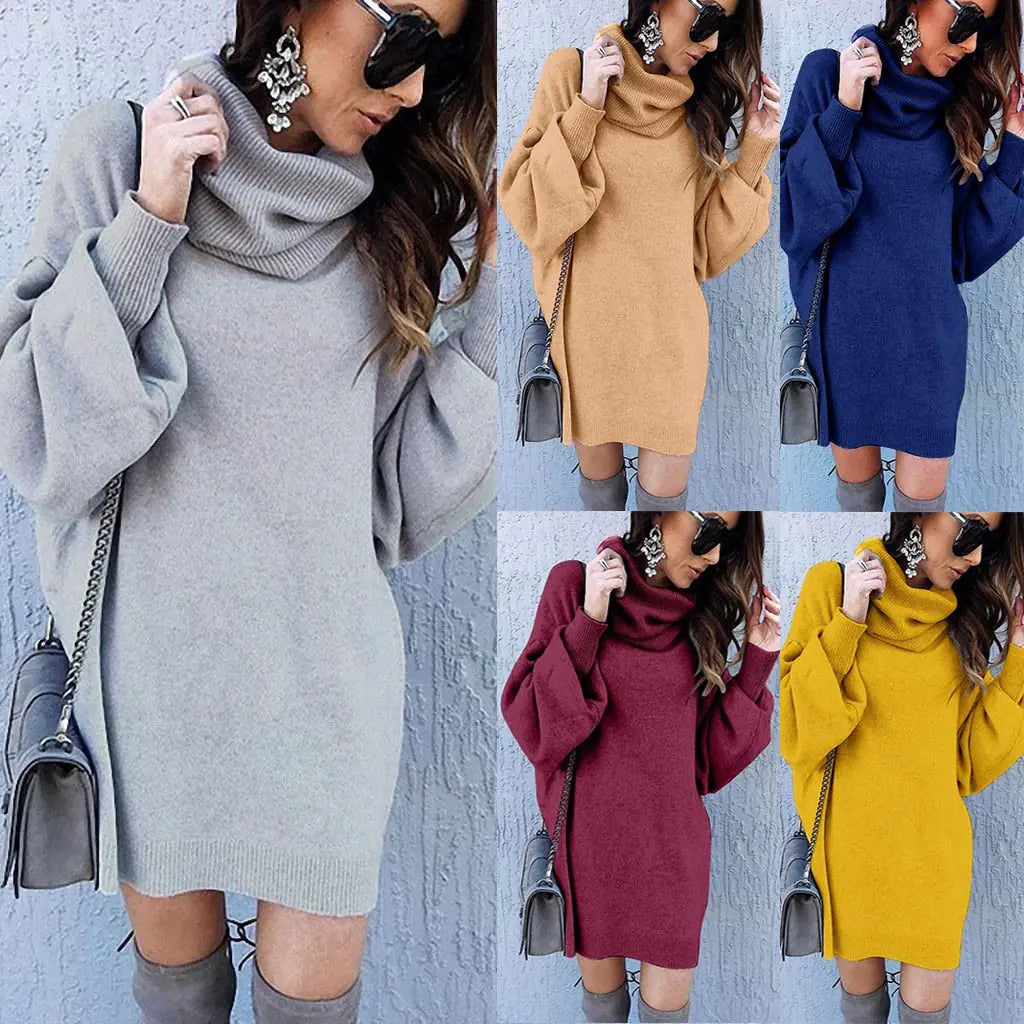 Autumn Warm Knitted Sweater Dress with Turtleneck