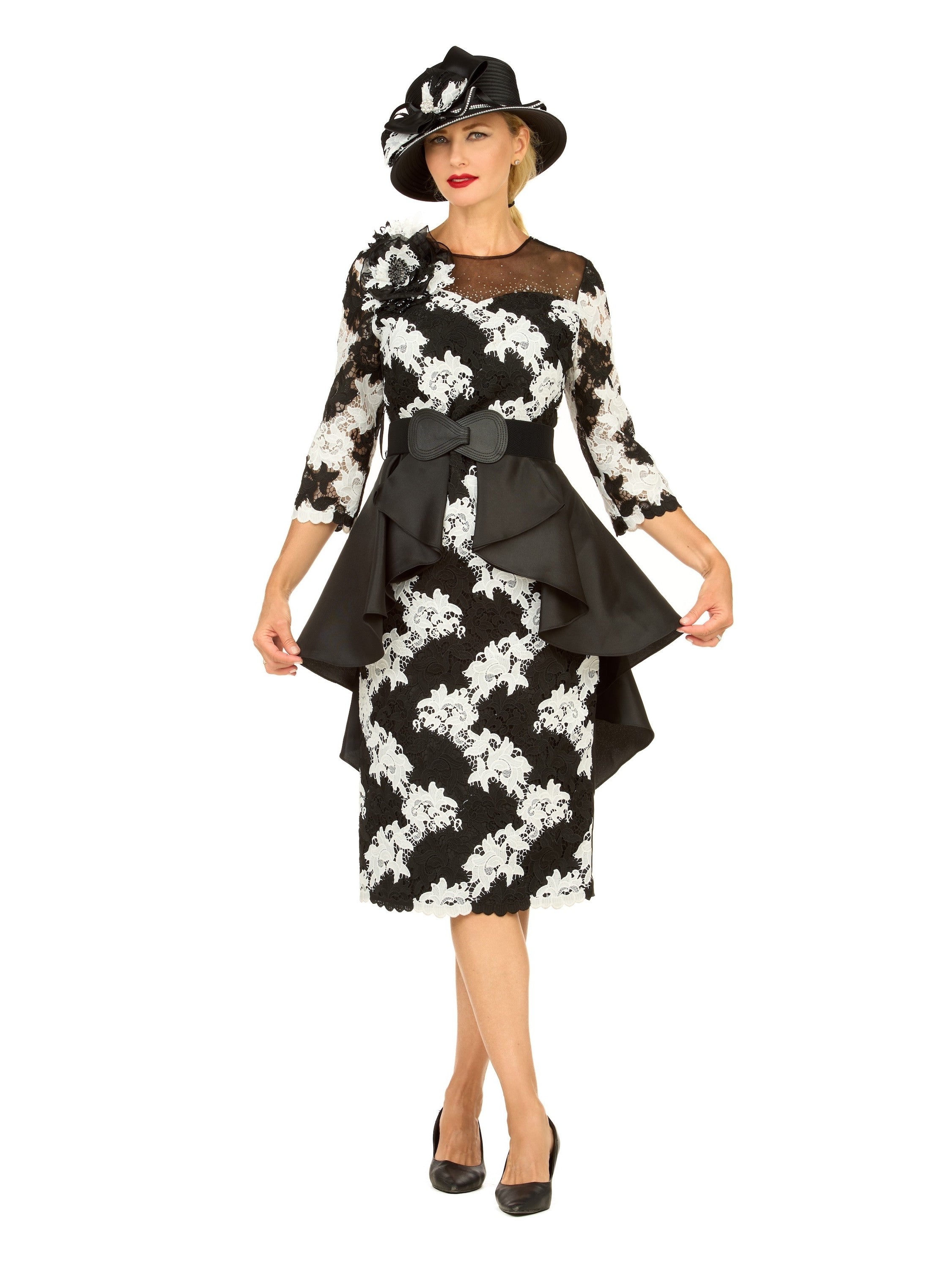 Giovanna Two-Tone Lace Midi Dress w/ Rfl Peplum&Belt-Plus, Style D1676W