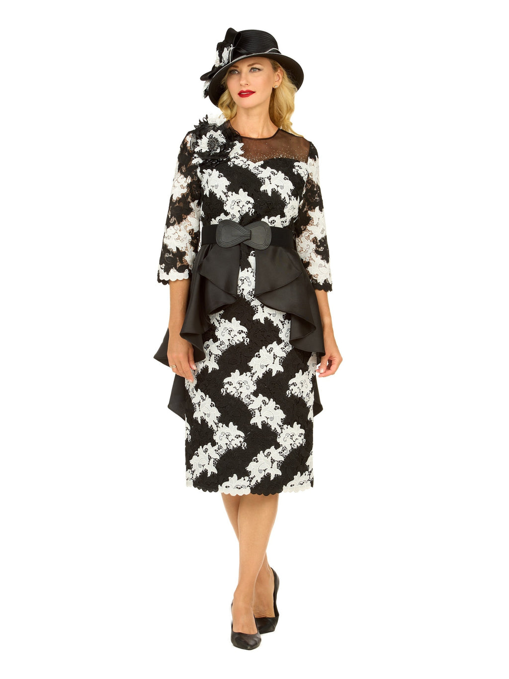 Giovanna Two-Tone Lace Midi Dress w/ Ruffle Peplum&Belt, Style D1676