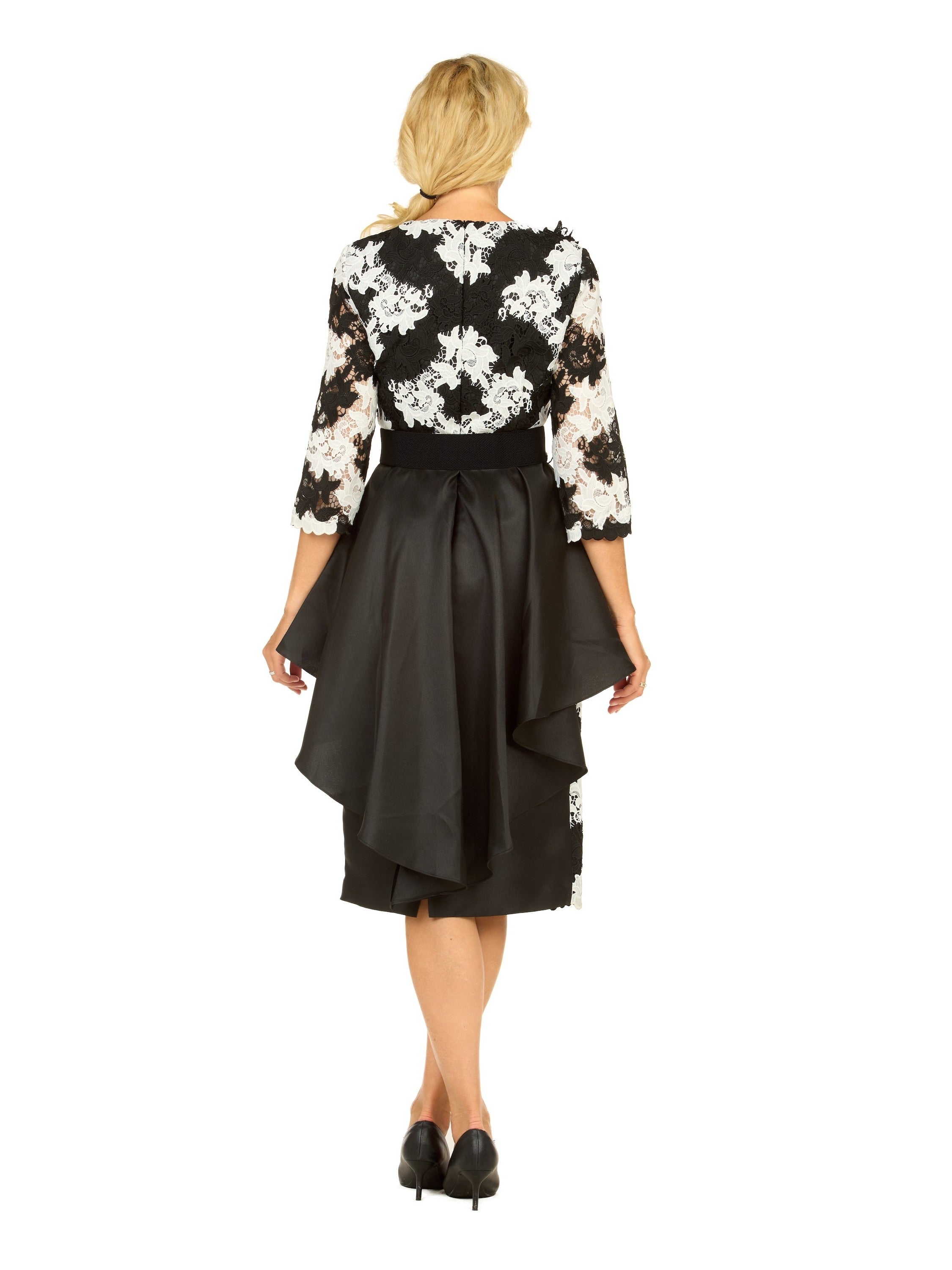 Giovanna Two-Tone Lace Midi Dress w/ Ruffle Peplum&Belt, Style D1676