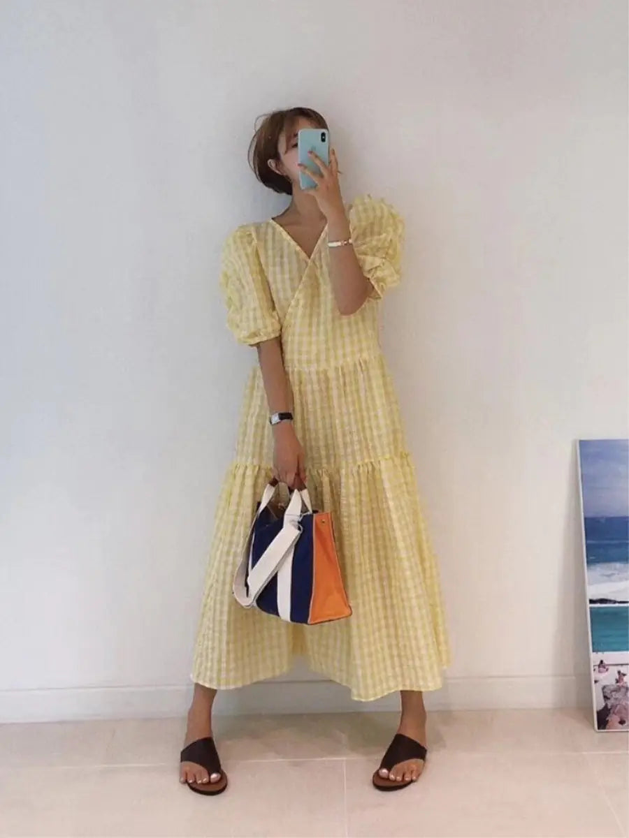 Checkered Ruffle Sleeve Dress