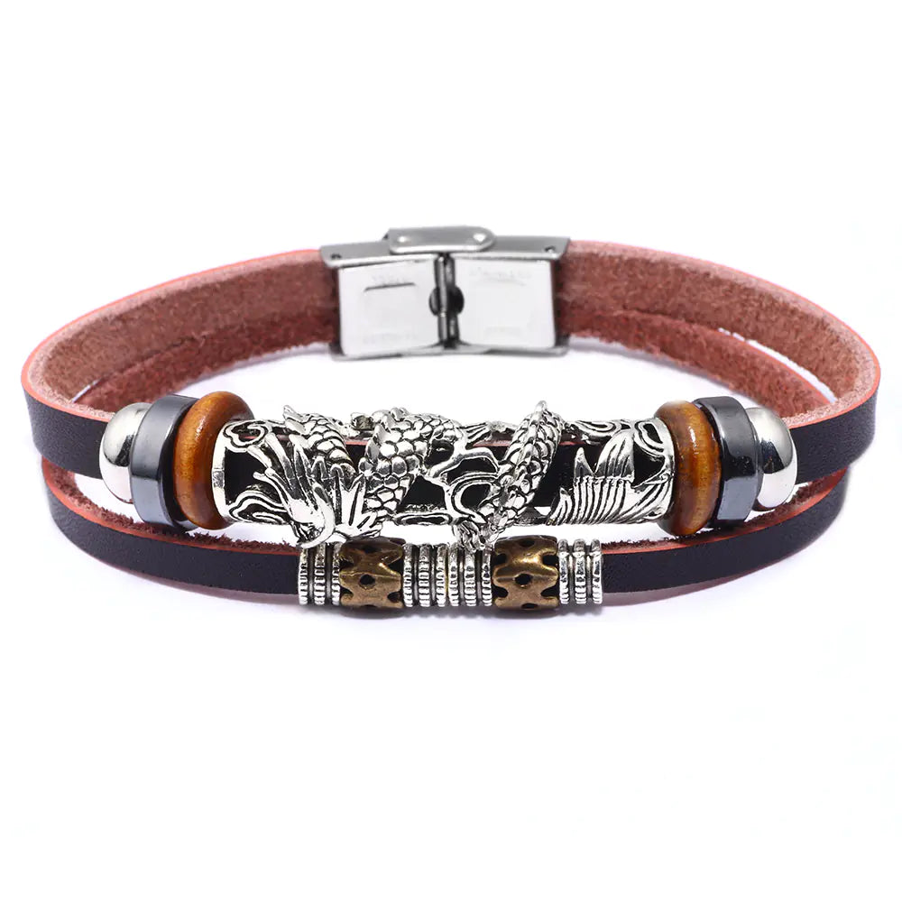 Vintage Chinese Dragon Bracelet, Stainless Steel & Leather