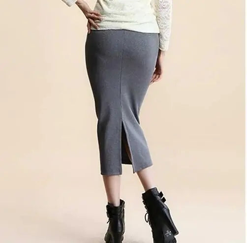Mid-Waist Ribbed Knit Sheath Split Skirt