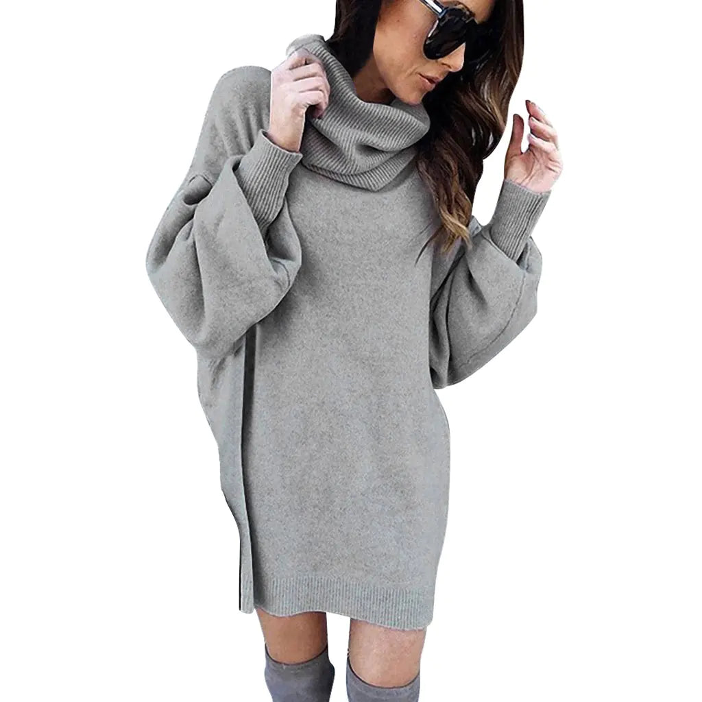 Autumn Warm Knitted Sweater Dress with Turtleneck