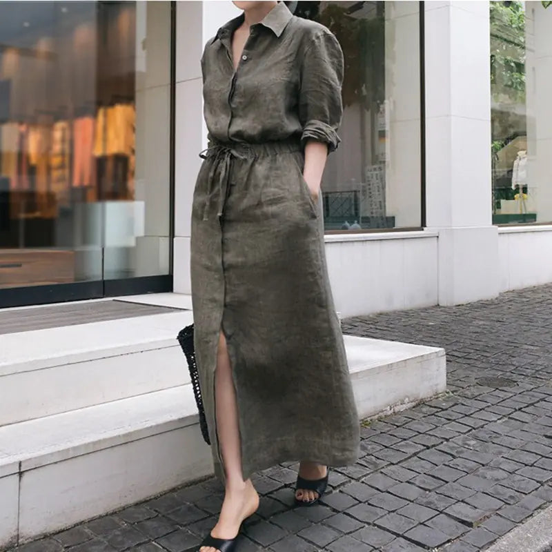 Cotton-Linen Long Sleeve Swing Dress