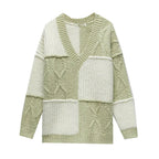 New Women's V-Neck Color Block Knitted Sweater