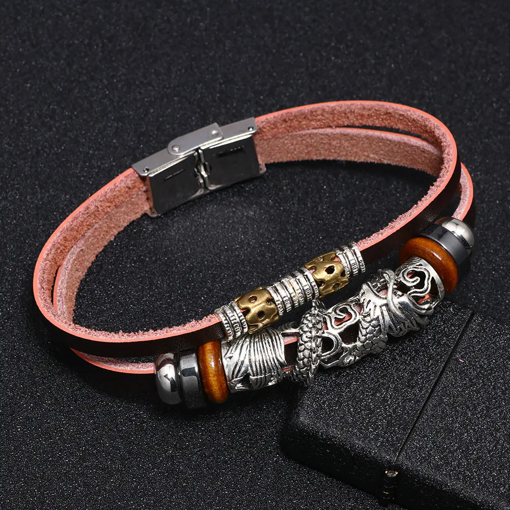 Vintage Chinese Dragon Bracelet, Stainless Steel & Leather