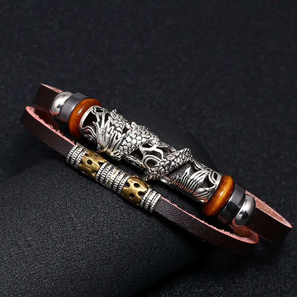 Vintage Chinese Dragon Bracelet, Stainless Steel & Leather