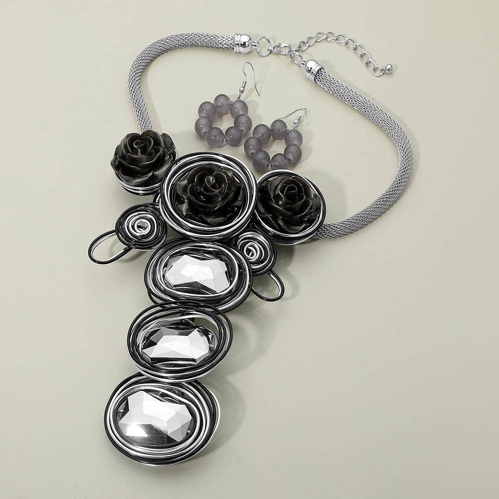 Bold Floral Accent Artistic Colorful Wire Coil Statement Necklace: Gray