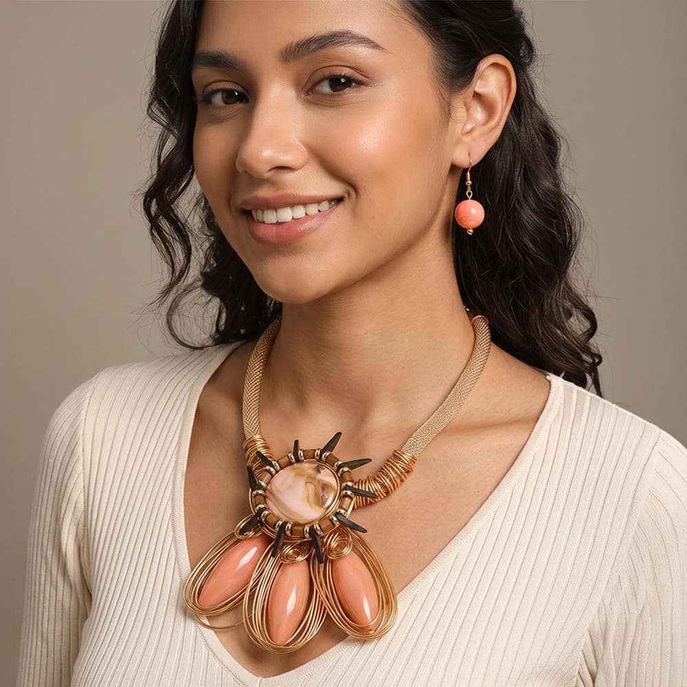 Bold Resin Wired Petal Bloom Statement Necklace Set: Gold,Pink