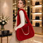 Solid Plush Faux Fur Shoulder Tote Bag: Tan