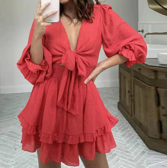 Ruffled Sleeve Cake Dress with Lace Trim