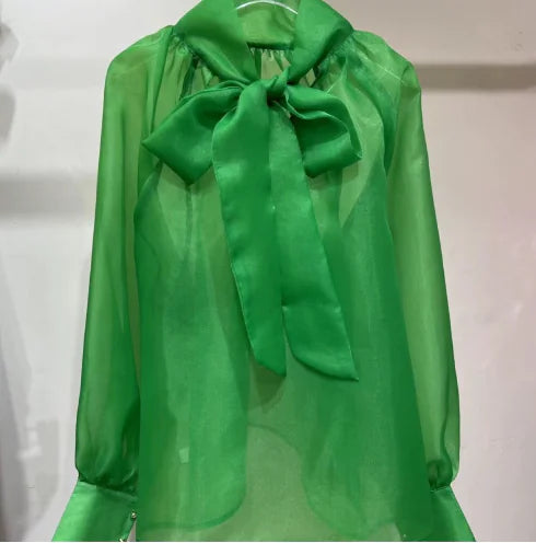 Fashion Sheer Bow Tie Puff Sleeve Shirt for Women