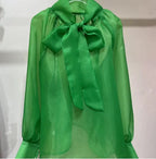 Fashion Sheer Bow Tie Puff Sleeve Shirt for Women