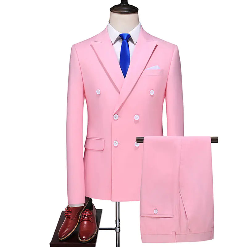 Men's Double Breasted Solid Color Coat and Trouser Suit with Lapel