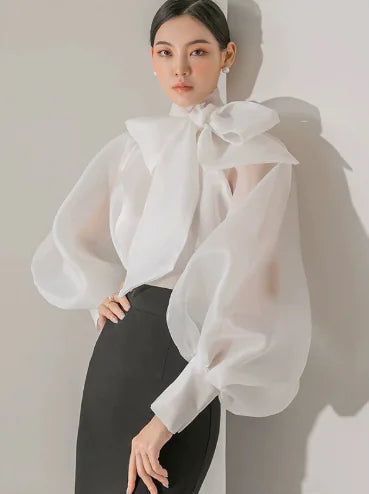 Fashion Sheer Bow Tie Puff Sleeve Shirt for Women