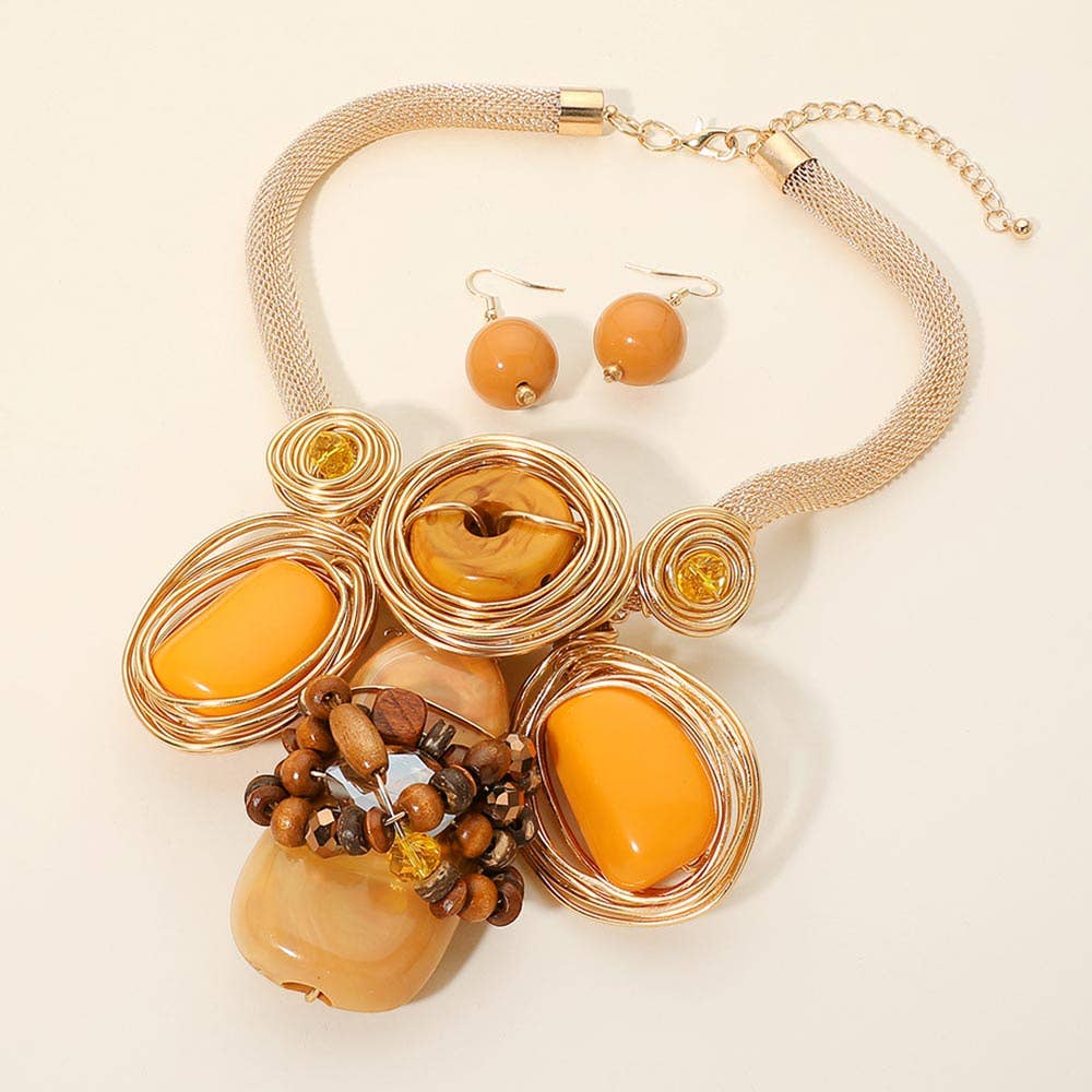 Bold Resin Beaded Wired Statement Necklace: Brown,Gold