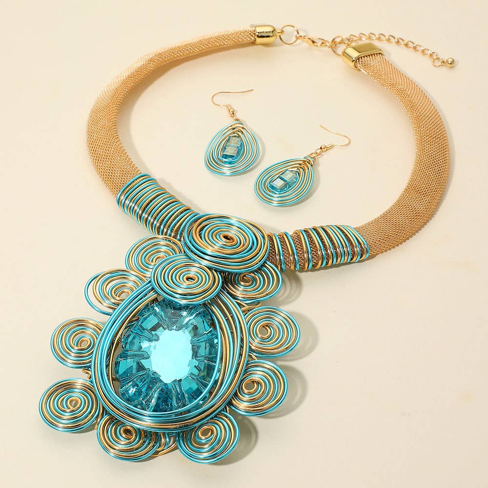 Bold Teardrop Stone Centered Metal Swirl Embellished Statement Necklace: Yellow