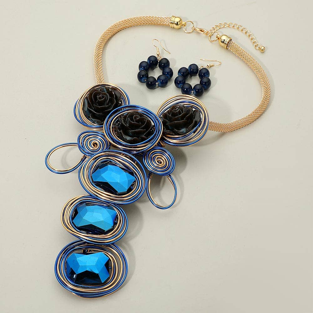 Bold Floral Accent Artistic Colorful Wire Coil Statement Necklace: Gray