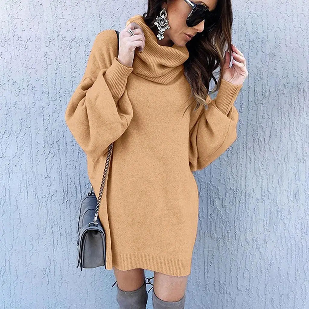 Autumn Warm Knitted Sweater Dress with Turtleneck