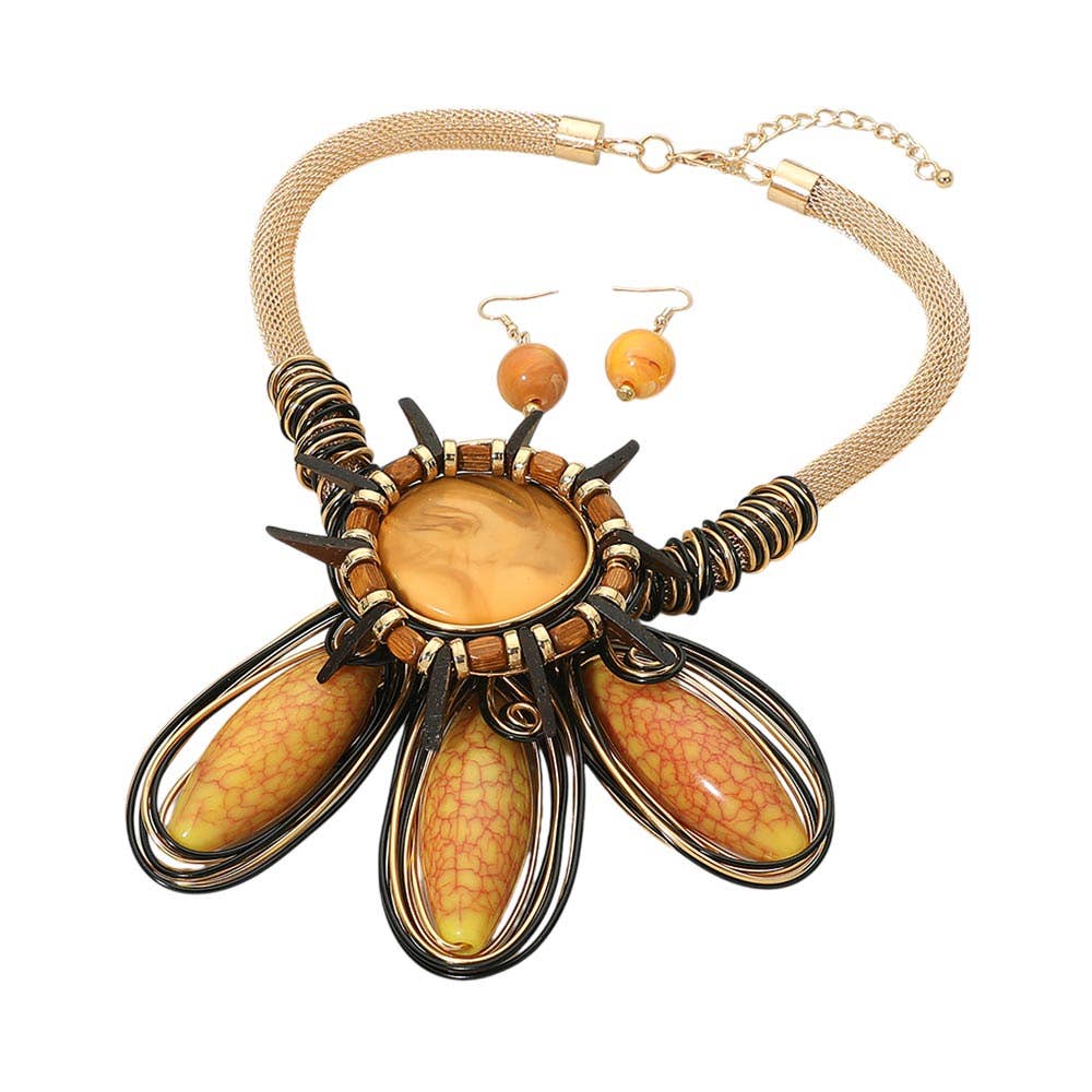 Bold Resin Wired Petal Bloom Statement Necklace: Gold,Yellow