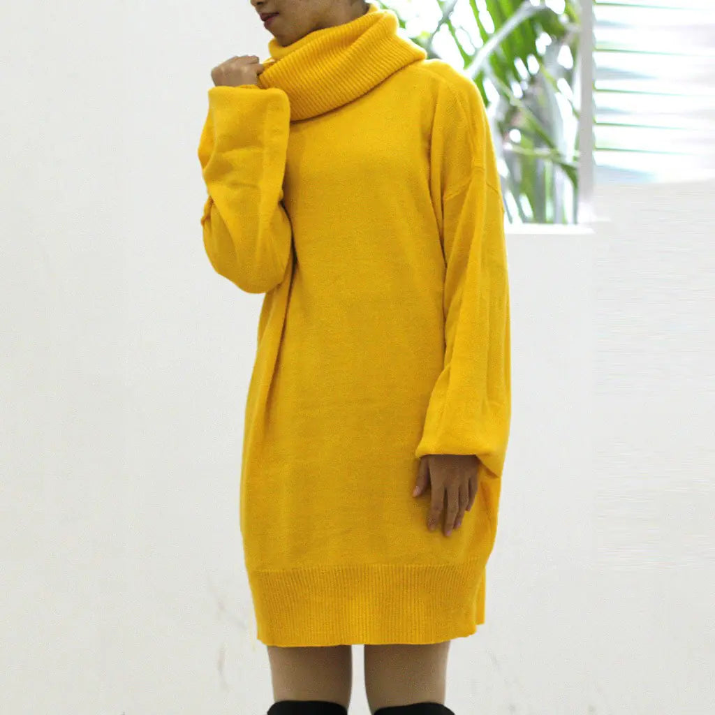 Autumn Warm Knitted Sweater Dress with Turtleneck