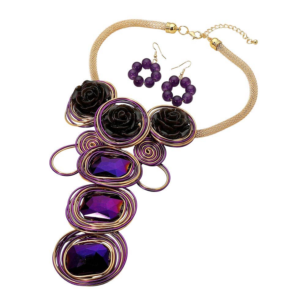 Bold Floral Accent Artistic Colorful Wire Coil Statement Necklace: Gray