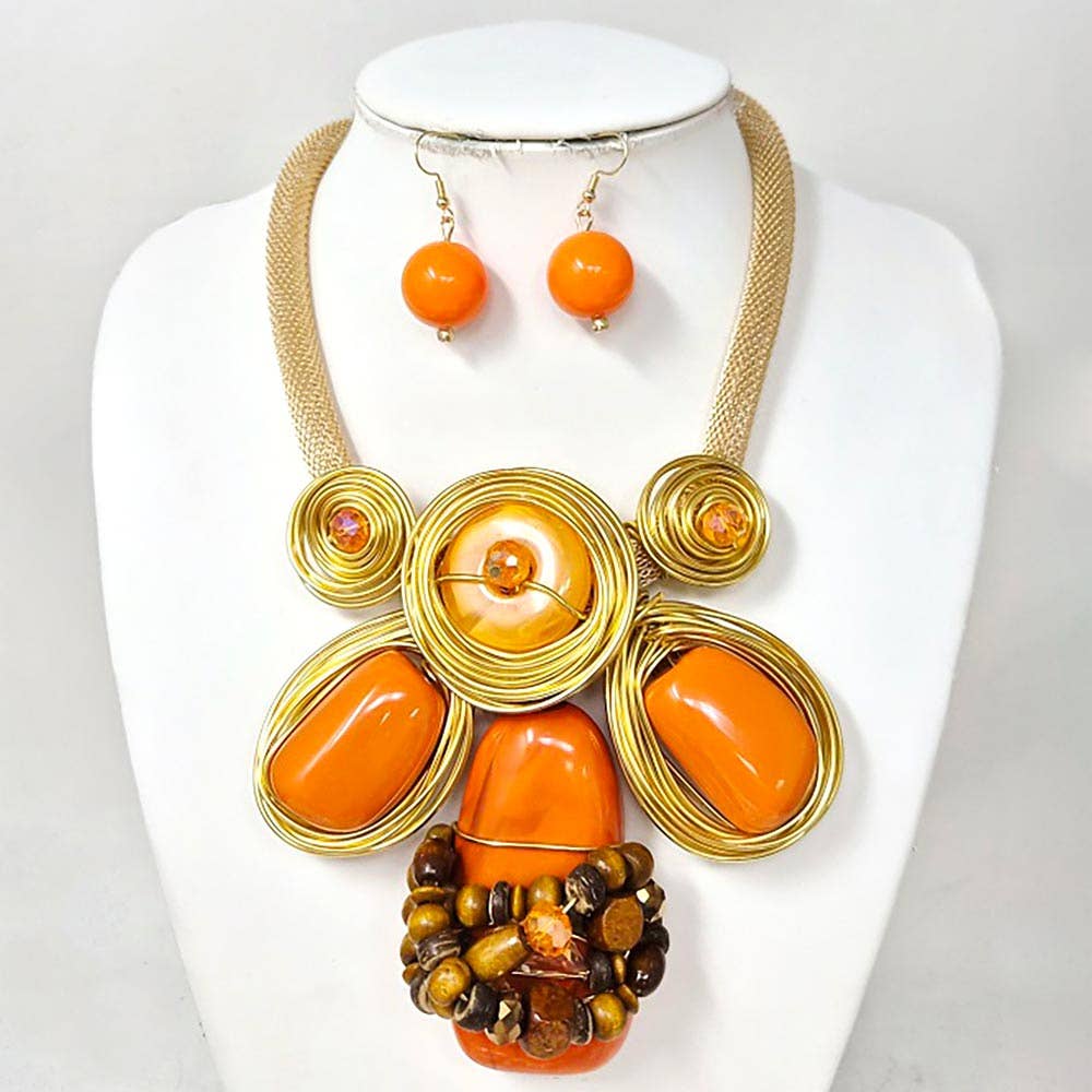 Bold Resin Beaded Wired Statement Necklace: Brown,Gold