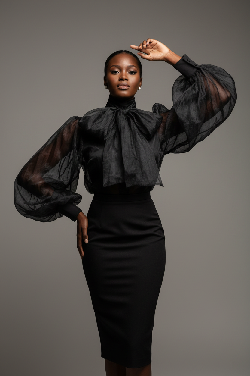 Fashion Sheer Bow Tie Puff Sleeve Shirt for Women