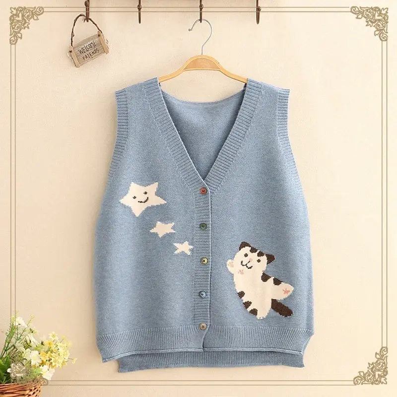 Autumn Loose Simple Knitted Sweater with Cat Embroidery