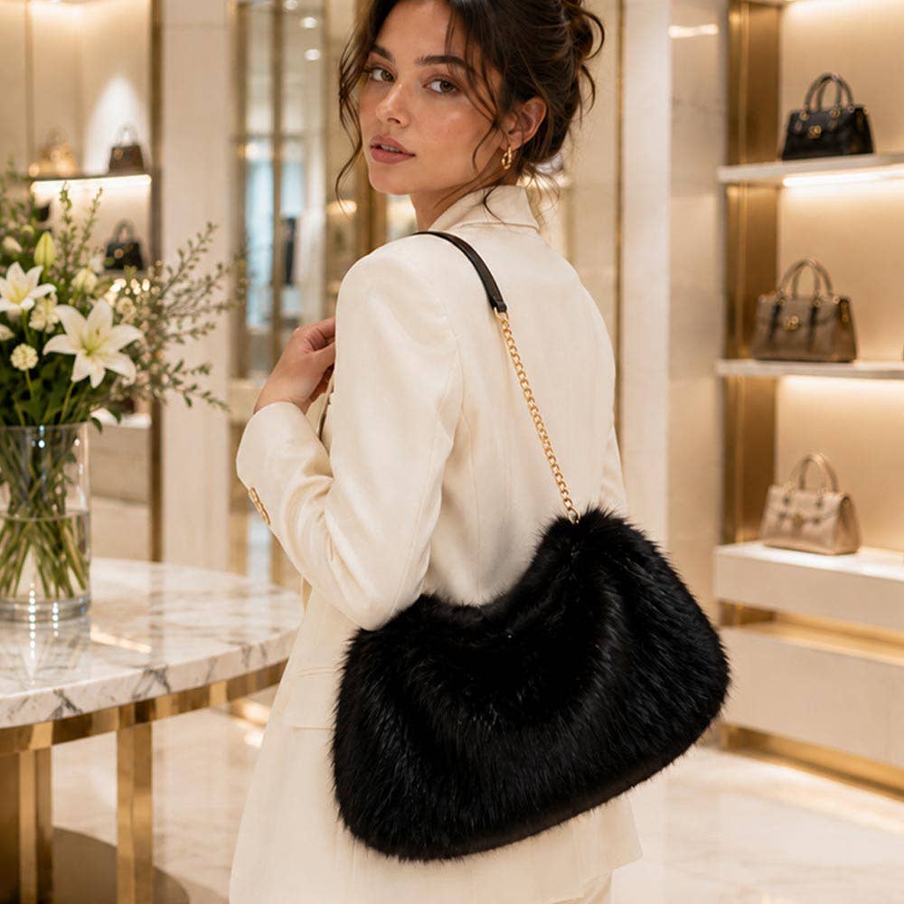 Fluffy Faux Fur Chain Strap Shoulder Handbag: Beige