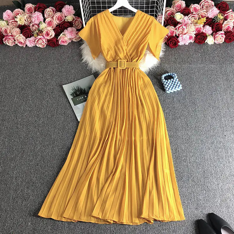 Solid Color V-neck French Dress for Elegant Style