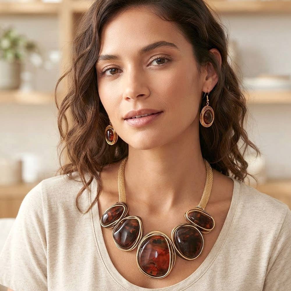 Bold Wire Wrapped Marbled Resin Link Statement Necklace: Yellow