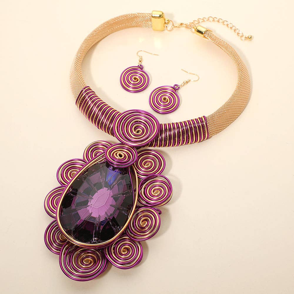 Bold Teardrop Stone Centered Metal Swirl Embellished Statement Necklace: Yellow