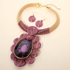 Bold Teardrop Stone Centered Metal Swirl Embellished Statement Necklace: Yellow
