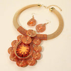 Bold Teardrop Stone Centered Metal Swirl Embellished Statement Necklace: Yellow